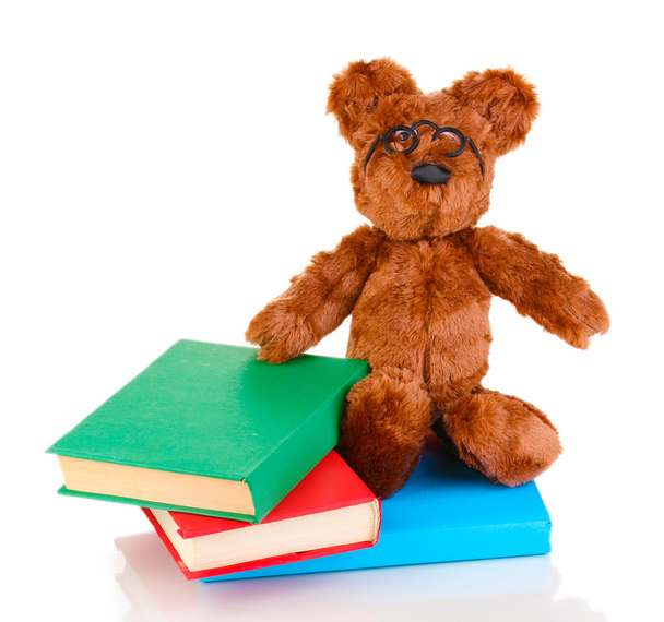 Sitting bear toy with books isolated on white - Fotoğraf, Görsel