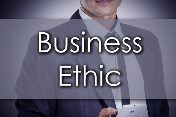 Koncepcja biznesowa etyki - młody biznesmen z tekstem - firmy - Zdjęcie, obraz