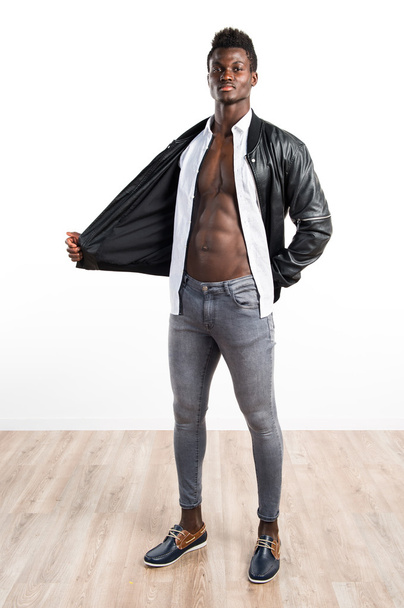 Handsome black man with leather jacket - 写真・画像