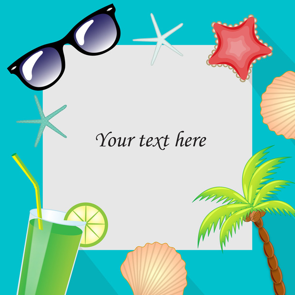 Summertime traveling template with beach summer accessories. Summer template for the text frame. vector illustration. - Vector, Image