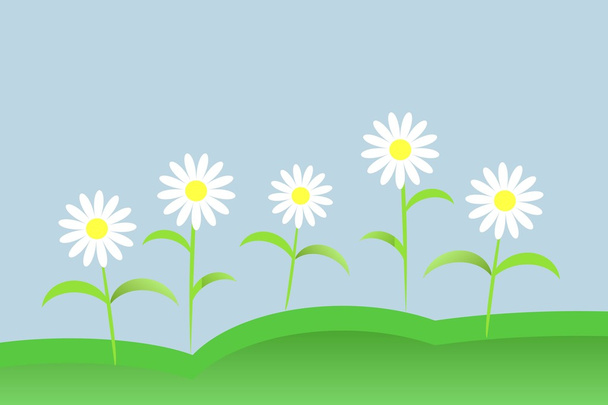 Landscape with green hills, meadow, blue sky, white daisies flat design, vector - Vektor, obrázek