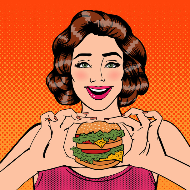 Молода жінка їсть гамбургер. Жінка тримає Бургери. Поп-арт. Векторні ілюстрації
 - Вектор, зображення