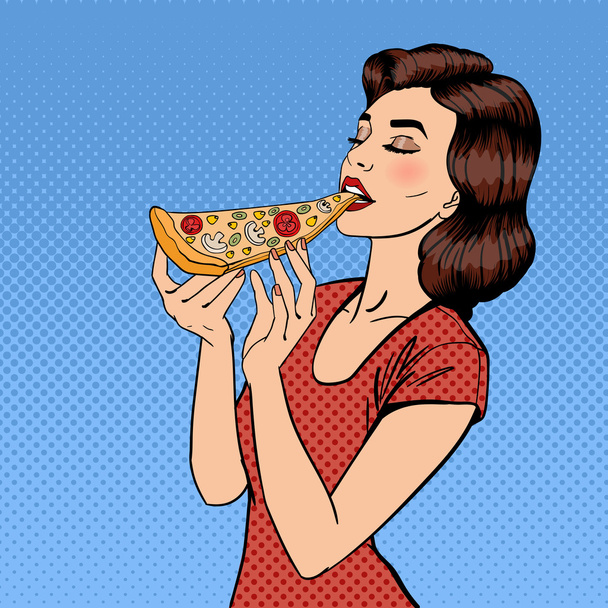 Pizza Yiyen Kadın. Genç bir kadın büyük bir dilim pizza tutuyor. Pop Art. Vektör illüstrasyonu - Vektör, Görsel