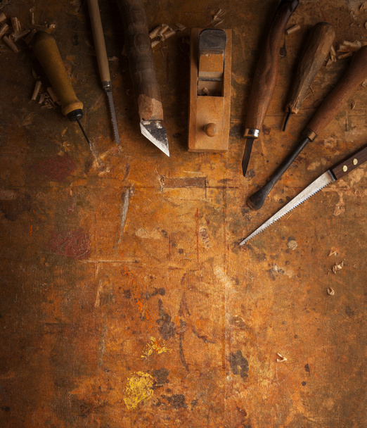 Hand tools Wood on an old wooden workbench - Zdjęcie, obraz