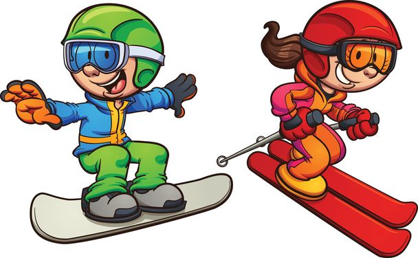 Skiing and snowboarding kids - Vector, Image