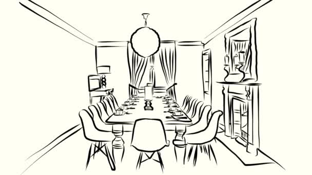 Dining room with white covered table, Hand-drawn sketched Animation - Footage, Video