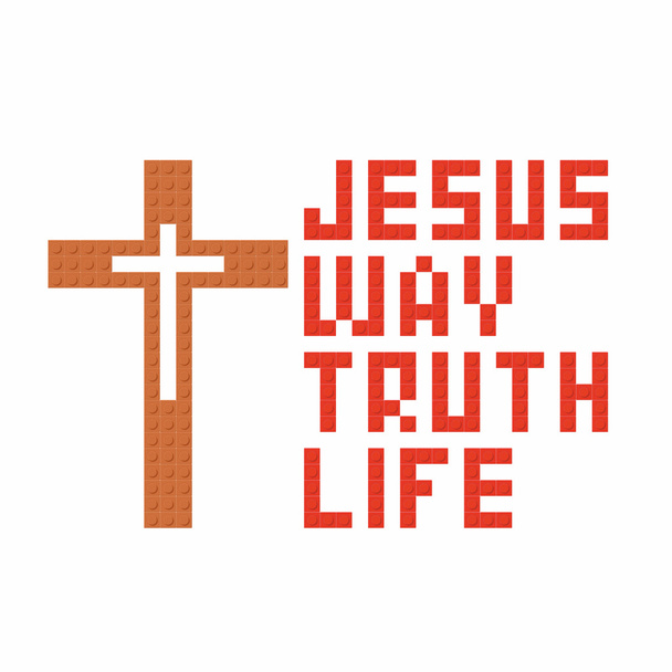 Χριστιανική τέχνη. Ζωηρόχρωμος interlocking πλαστικός τούβλα, πλαστική κατασκευή. Ο Ιησούς είναι η οδός, και αλήθεια και η ζωή. - Διάνυσμα, εικόνα