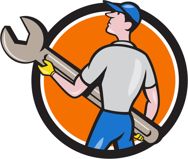 Mechanic Carrying Giant Spanner Circle Cartoon - Vector, Image