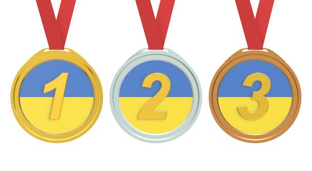 Gold, Silver and Bronze medals with Ukraine flag, 3D rendering - Fotoğraf, Görsel