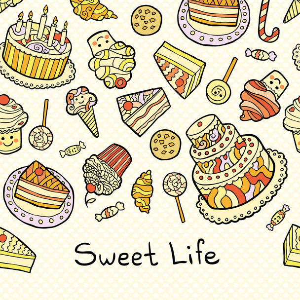 Sweet life card with cakes isolated on dotted background. - Vector, afbeelding