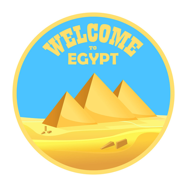 Kreskówki "Zapraszamy do Egiptu" koncepcja logo na białym tle. Egipskich piramid na pustyni z czyste niebo. Ilustracja wektorowa - Wektor, obraz