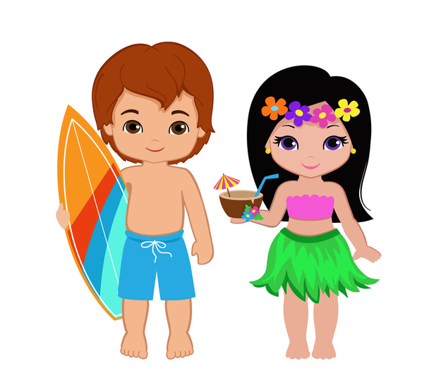 Illustration of cute boy with surfboard and Hawaiian girl with cocktail. - Vector, Image