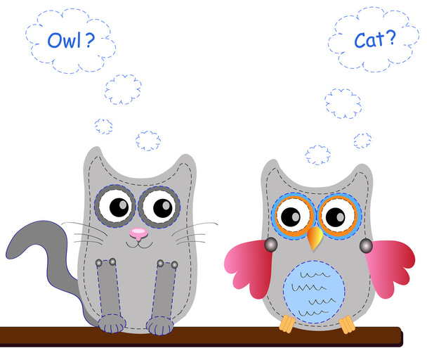 Little sweet owl and cat - Vector, afbeelding