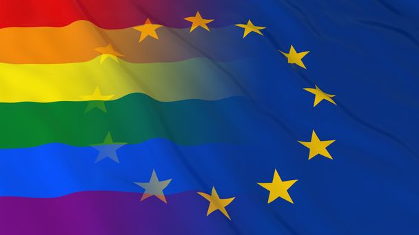 Conceito de Orgulho Gay na Europa - Bandeiras Mescladas do Orgulho Gay e a Ilustração 3D da UE
 - Foto, Imagem
