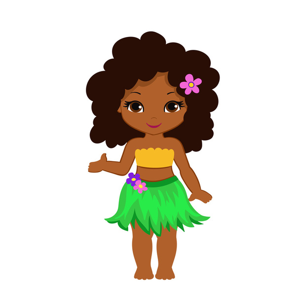 Illustration Hawaiian girl indicates hand on something. - Διάνυσμα, εικόνα