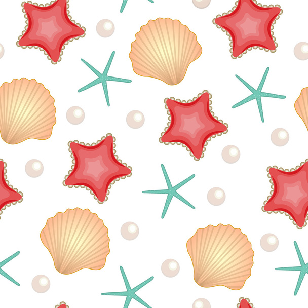 Seashells varrat nélküli textúra. Tengeri háttér. Aranyos nyári háttér. Vektoros illusztráció - Vektor, kép