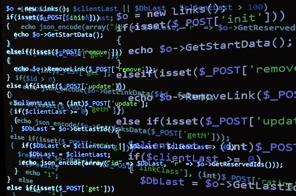 Código PHP na tela preta, texto azul
 - Foto, Imagem