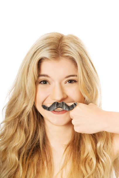 Blonde student with mustache looking at camera - Foto, Imagem