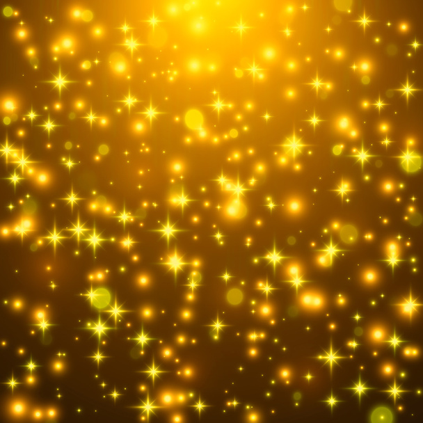 Achtergrond met gouden sterren. Het patroon van de stof van het gouden glitter. Vakantie lichte achtergrond met sterren en licht. - Foto, afbeelding