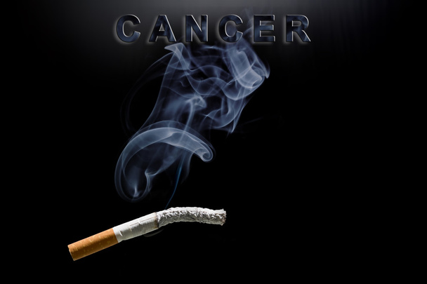 Burning cigarette, smoke and text cancer - Photo, Image