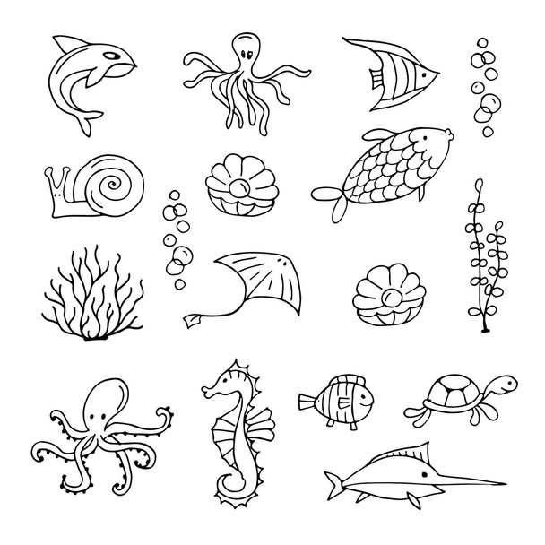 Marine life, collection of sketches for your design - Vektori, kuva