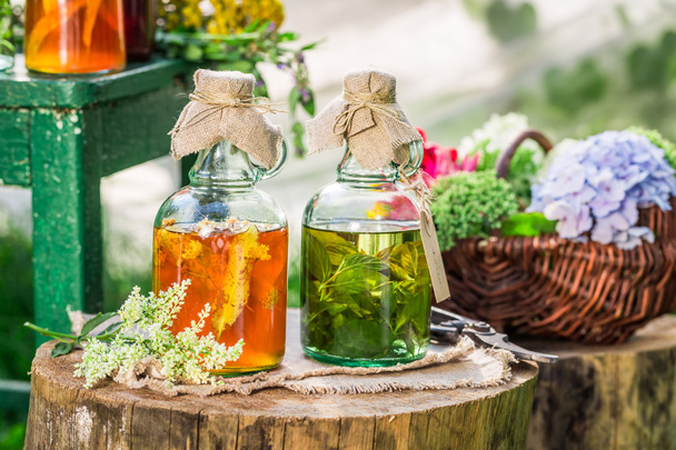 Healing herbs in bottles with alcohol and herbs - Foto, afbeelding