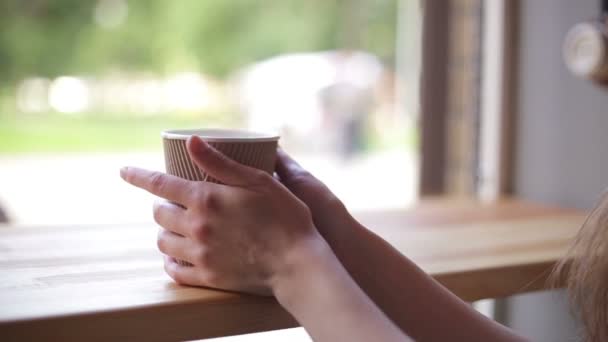 Woman drinking coffee in restaurant or cafe - Filmmaterial, Video