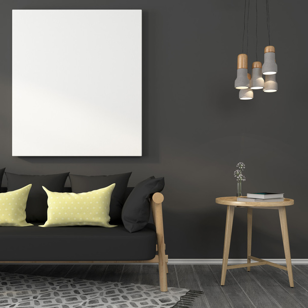 Maquette dans le salon gris avec des meubles en bois
  - Photo, image