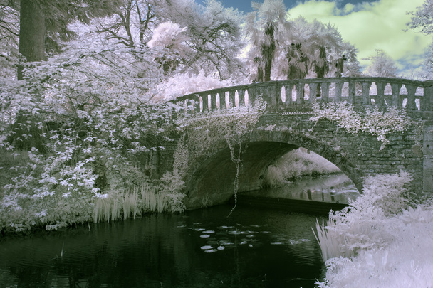 Prachtige infrarood landschap foto van de oude brug over de rivier in co - Foto, afbeelding