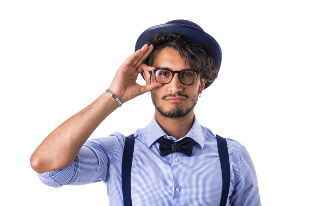 Stylish hipster with glasses, hat and bow-tie - Foto, imagen