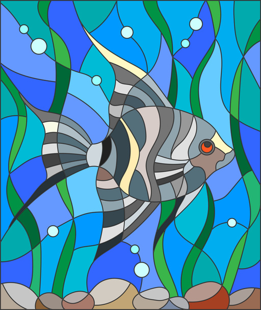 Ilustración en estilo vidriera de pescado escalar en el fondo de agua y algas
 - Vector, imagen