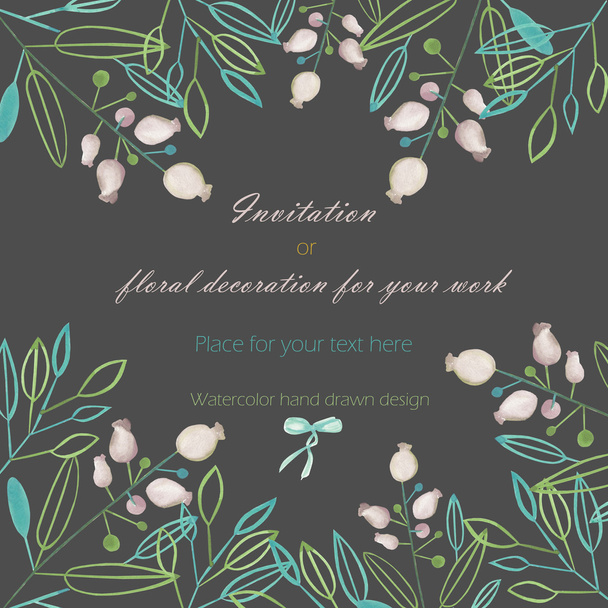 Hintergrund, Vorlage Postkarte mit abstrakten Aquarellen grüner und minzfarbener Blätter und Zweige und violetten Beeren, handgezeichnet in Pastell auf dunklem Hintergrund - Foto, Bild