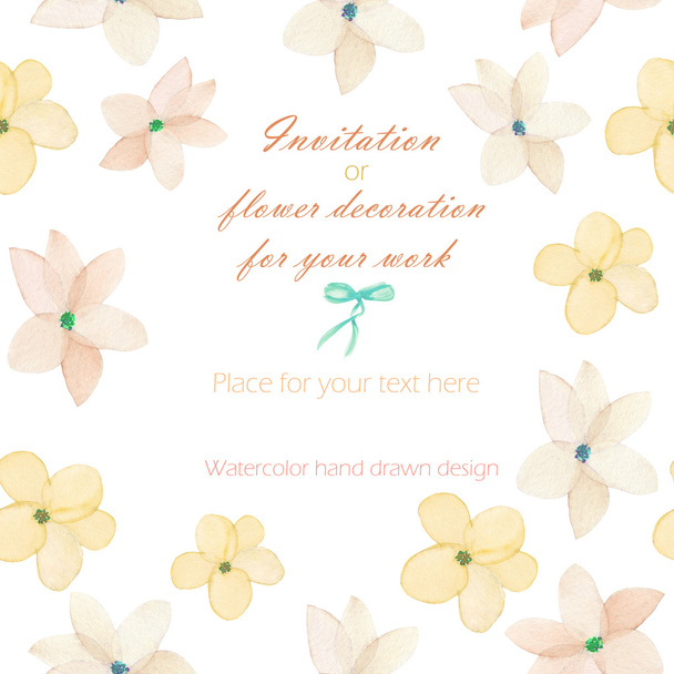 Hintergrund, Postkarte mit zartrosa Frühlingsblumen, handgezeichnet in Aquarell auf weißem Hintergrund - Foto, Bild