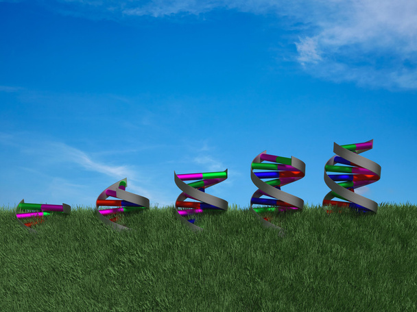 Вид сбоку на двойные спирали ДНК, растущие через траву
 - Фото, изображение