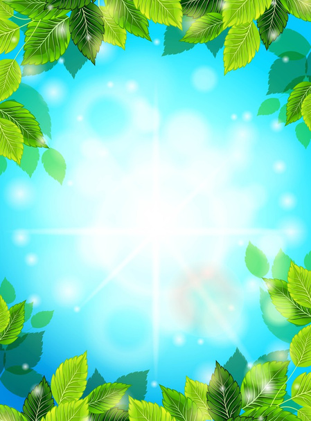heller Frühling realistischer Hintergrund, blauer Himmel, grüne Blätter. Sonnenstrahlen, Blendung, Glühen. Vorlage für Webdesign. Vektorillustration - Vektor, Bild