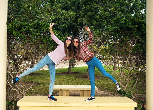 twee jonge meisjes in park - Foto, afbeelding