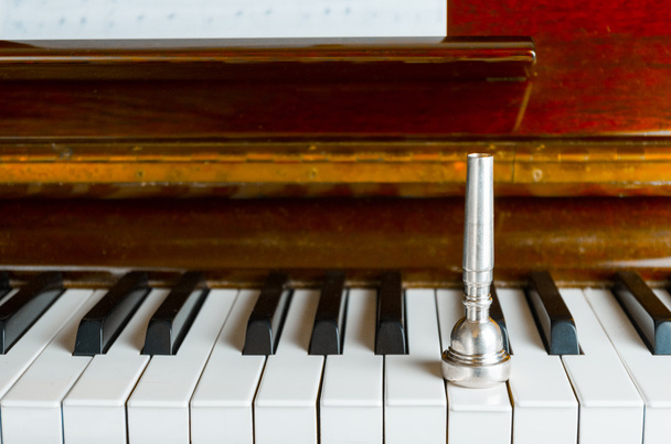 Um bocal de trompete sobre as teclas de piano, de perto
 - Foto, Imagem