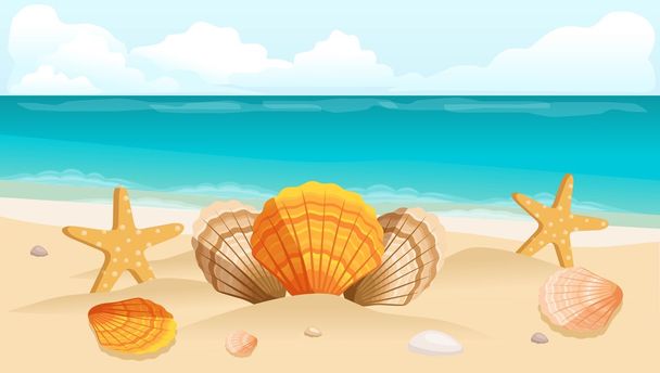 Vector illustration travel postcard, leaflet, the beach, the sea, the composition of shells. - Vektör, Görsel