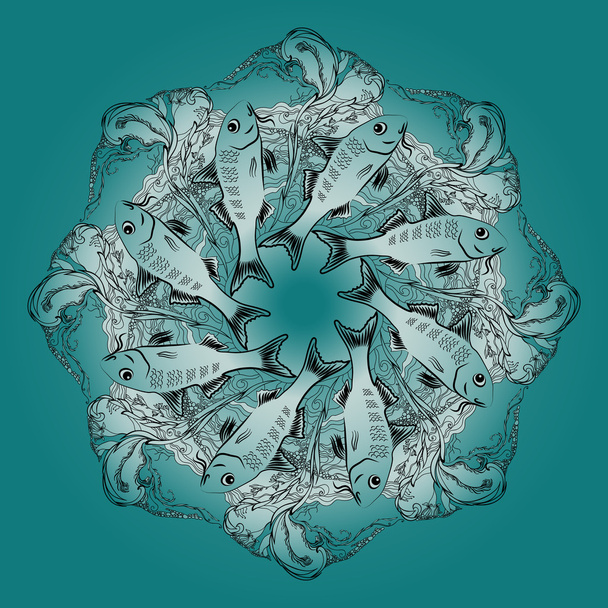 Hand drawn vector mandala with fishes and alga. - Vector, Imagen