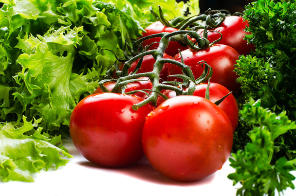 Tomaten en kruiden op een witte achtergrond. - Foto, afbeelding