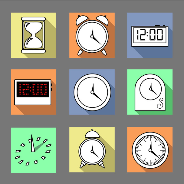Vector. Conjunto de ícones de relógios gráficos. Relógio solar, relógio digital, relógio de mesa, despertador, relógio de areia. Ilustração isolada
 - Vetor, Imagem
