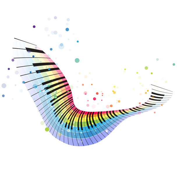 fliegendes Regenbogenklavier, buntes Musikdesign auf weißem Hintergrund - Vektor, Bild