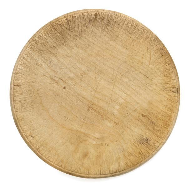 Vieille planche à découper ronde en bois vue de dessus isolée
 - Photo, image