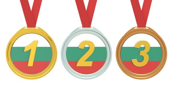 Medalhas de ouro, prata e bronze com bandeira da Bulgária, renderização 3D
 - Foto, Imagem