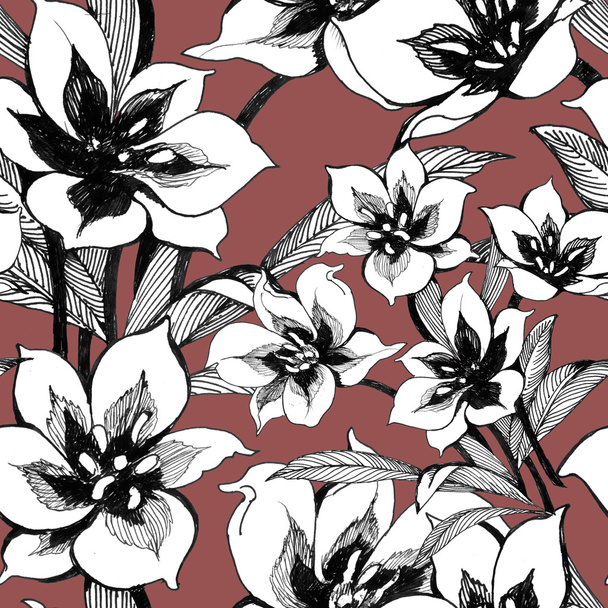 Floral ink and watercolor seamless pattern - Φωτογραφία, εικόνα