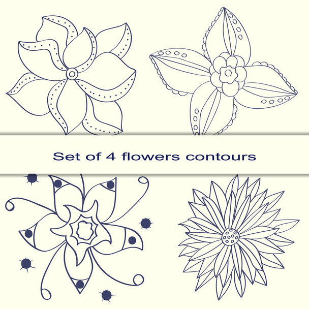 set of four flower on a light background contour drawn - Vector, Image