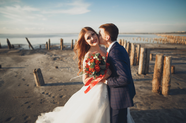 Elegant stylish happy wedding couple, bride, gorgeous groom on the background of sea and sky - Fotoğraf, Görsel