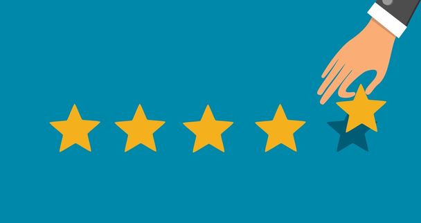    Golden Five Star Rating System on Blue Background With Hand Adding Star Flat Vector - Vector, Image