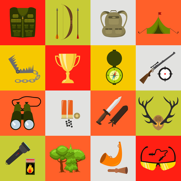 Flat color hunting icons set. Isolated vector illustration. Cartoon style. - Vector, Image