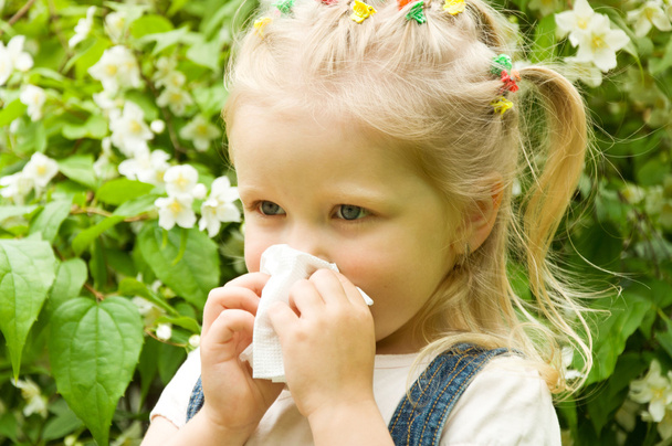Kız bir burun akıntısı var. Çim polen alerji - Fotoğraf, Görsel